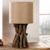 Massivholz Tischlampe HARMONY NATURE 50cm beige Teak mit Leinenschirm