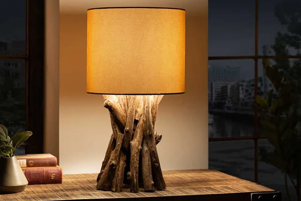 Massivholz Tischlampe HARMONY NATURE 50cm beige Teak mit Leinenschirm