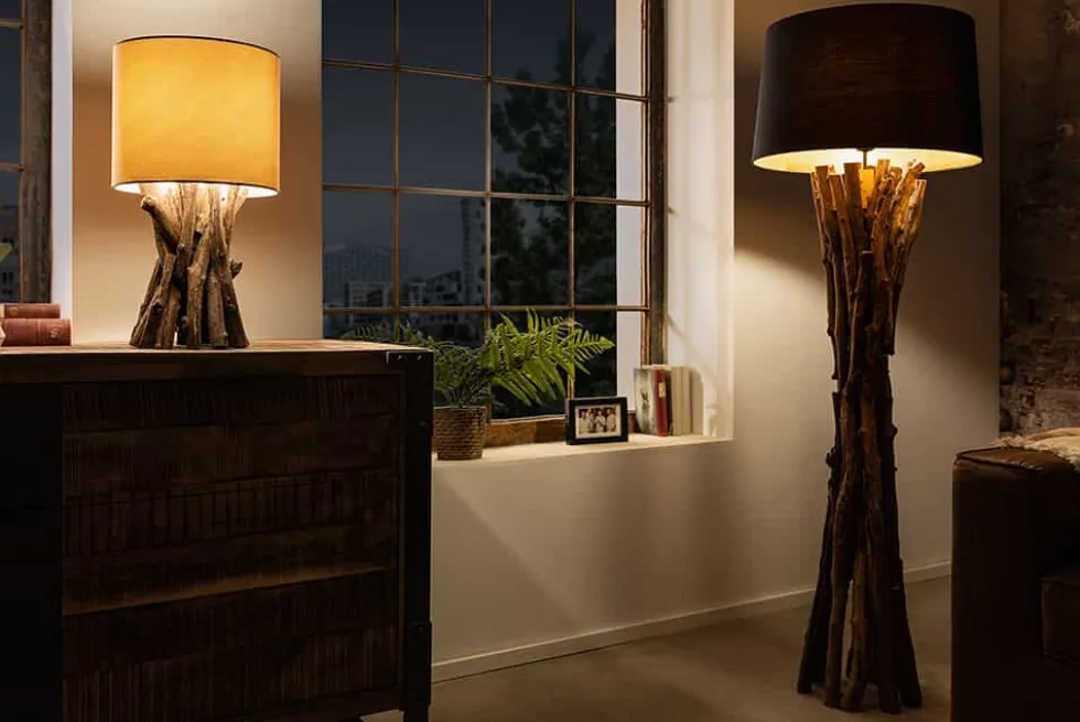 Massivholz Tischlampe HARMONY NATURE 50cm beige Teak mit Leinenschirm