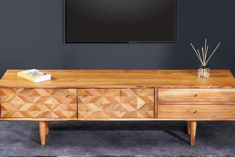 Massivholz TV-Lowboard ALPINE 145cm natur Akazie Retro Design honey finish