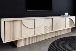 Massivholz TV-Lowboard ART DECO 200cm weiß gekälkt Mangoholz 3D-Front