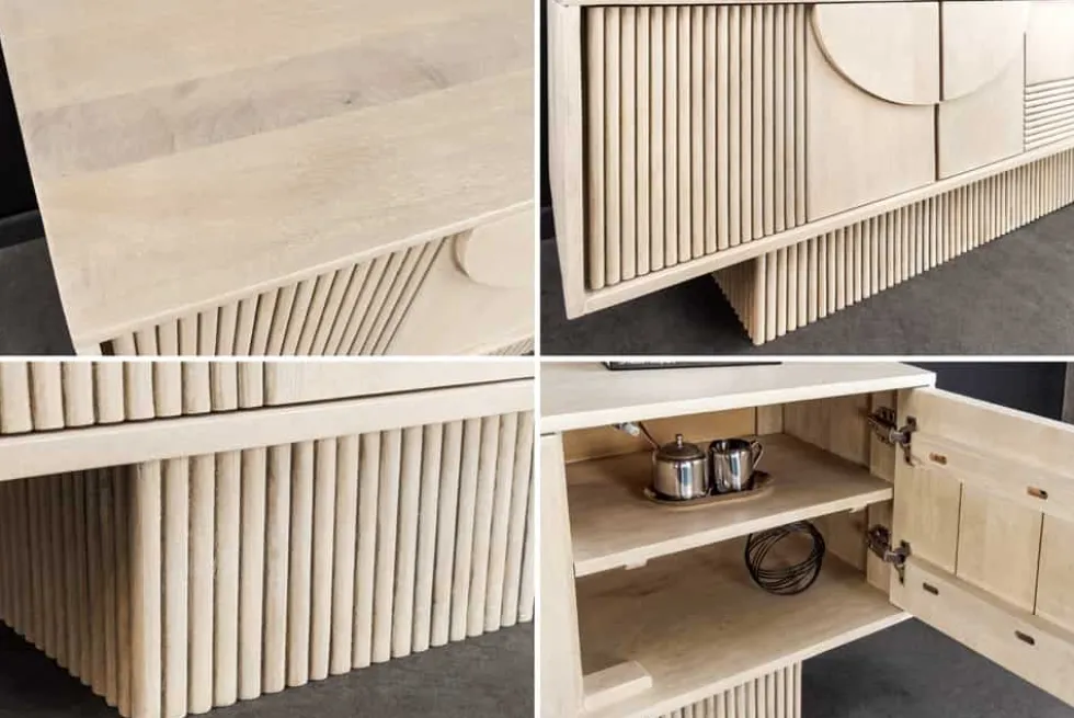Massivholz TV-Lowboard ART DECO 200cm weiß gekälkt Mangoholz 3D-Front