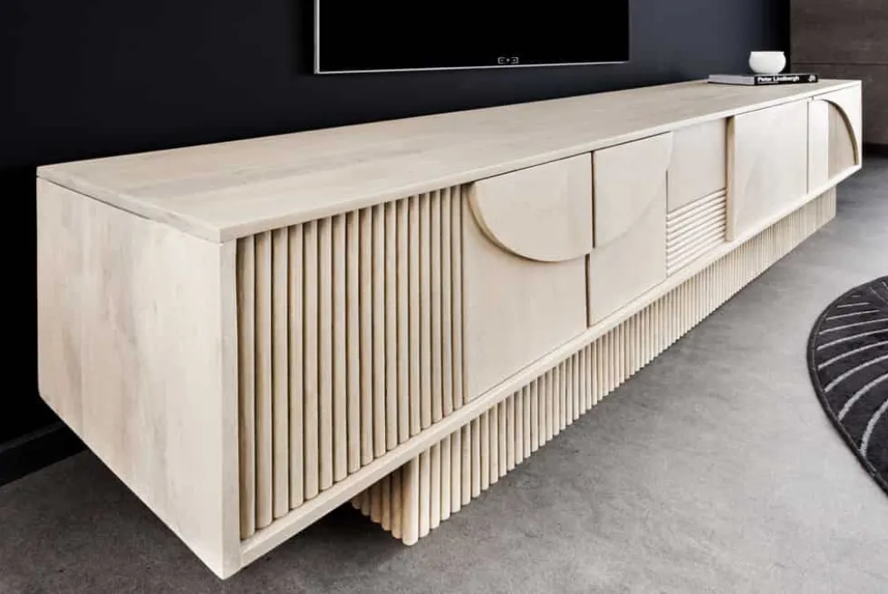 Massivholz TV-Lowboard ART DECO 200cm weiß gekälkt Mangoholz 3D-Front