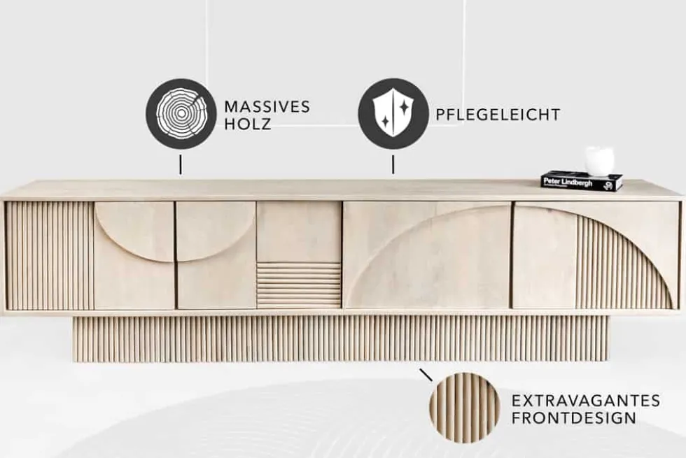 Massivholz TV-Lowboard ART DECO 200cm weiß gekälkt Mangoholz 3D-Front