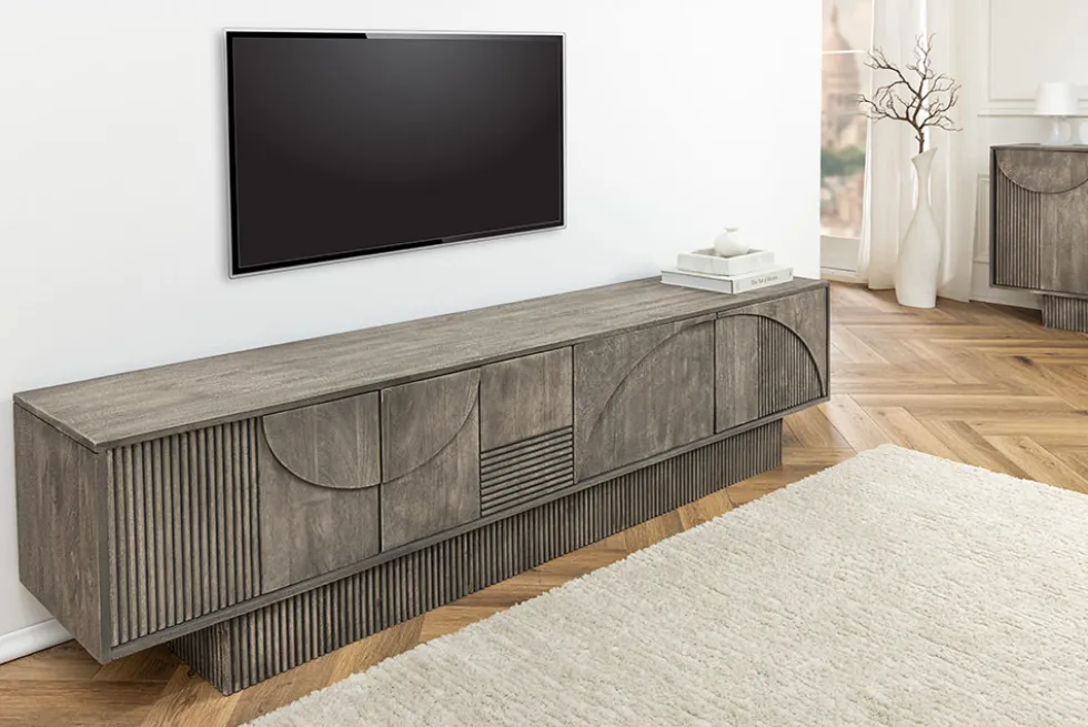 Massivholz TV-Lowboard ART DECO 200cm grau smoked Mangoholz 3D-Front
