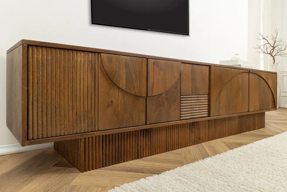 Massivholz TV-Lowboard ART DECO 200cm braun smoked Mangoholz 3D-Front