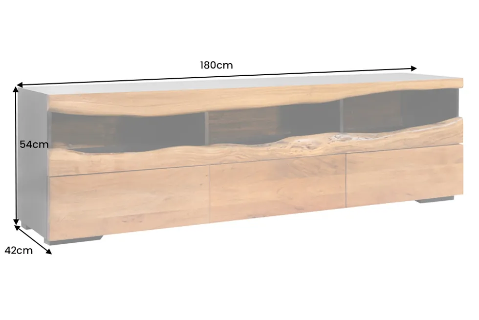 Massivholz TV-Lowboard GRAND ACACIA 180cm braun Akazie mit LED-Beleuchtung Baumkante