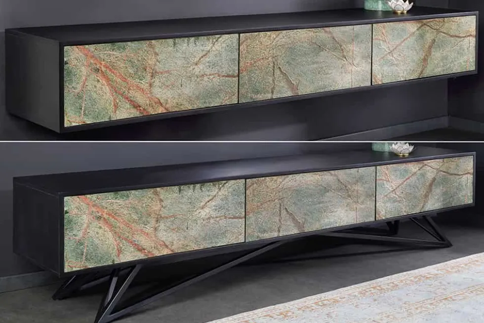 Massivholz TV Lowboard MOUNTAIN SOUL 200cm echter Naturstein Akazie schwarz hängend / stehend