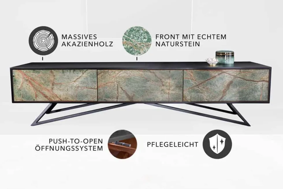 Massivholz TV Lowboard MOUNTAIN SOUL 200cm echter Naturstein Akazie schwarz hängend / stehend