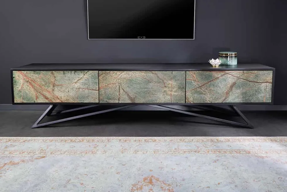 Massivholz TV Lowboard MOUNTAIN SOUL 200cm echter Naturstein Akazie schwarz hängend / stehend