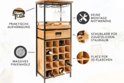 Massivholz Weinregal SEVENS SEAS 120cm natur Pinienholz schwarz Metall Flaschenregal