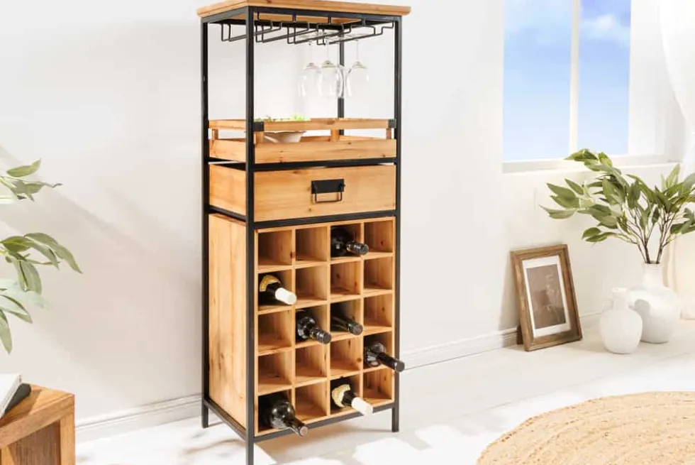 Massivholz Weinregal SEVENS SEAS 120cm natur Pinienholz schwarz Metall Flaschenregal