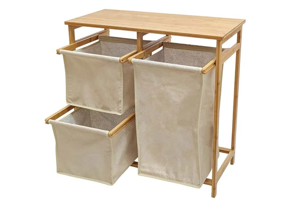 Massivholz Wäschekorb LAGOON SPA 70cm natur beige Bambus drei Wäschebeutel waschbar
