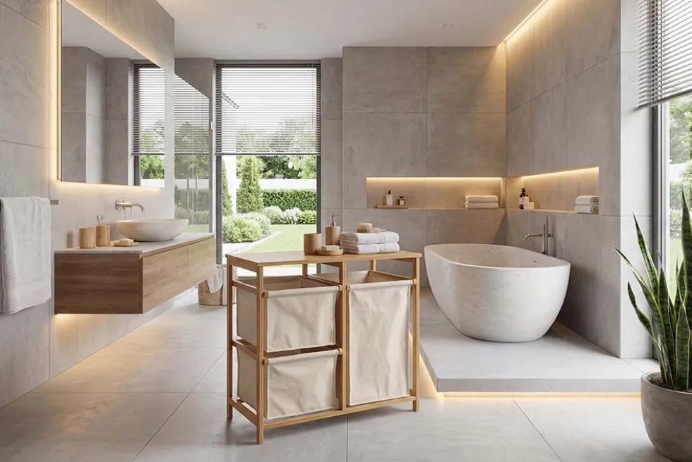 Massivholz Wäschekorb LAGOON SPA 70cm natur beige Bambus drei Wäschebeutel waschbar