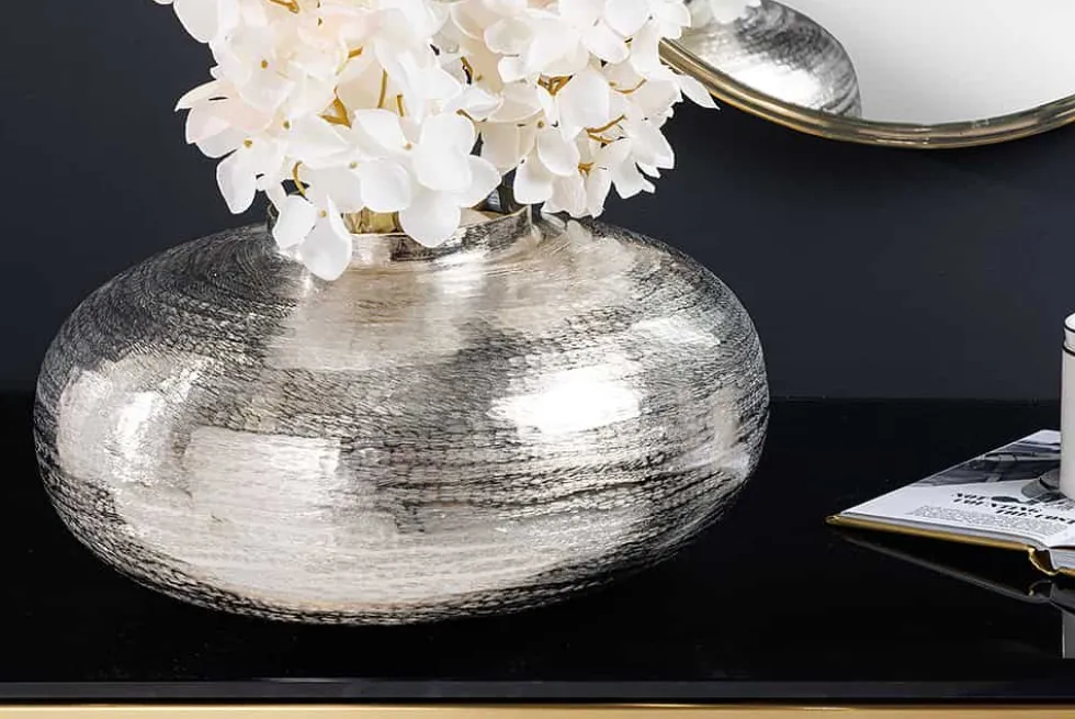 Moderne Deko Vase ABSTRACT ORIENT 35cm silber rund Metall Hammerschlag-Design