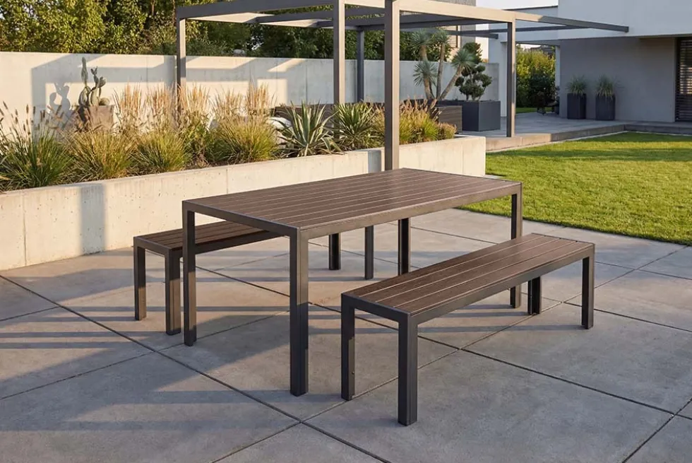 Moderne Gartenbank DESIGNO 130cm dunkelbraun schwarz Aluminium wetterfest Outdoor Sitzbank