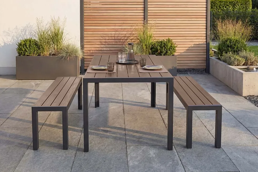 Moderne Gartenbank DESIGNO 130cm dunkelbraun schwarz Aluminium wetterfest Outdoor Sitzbank