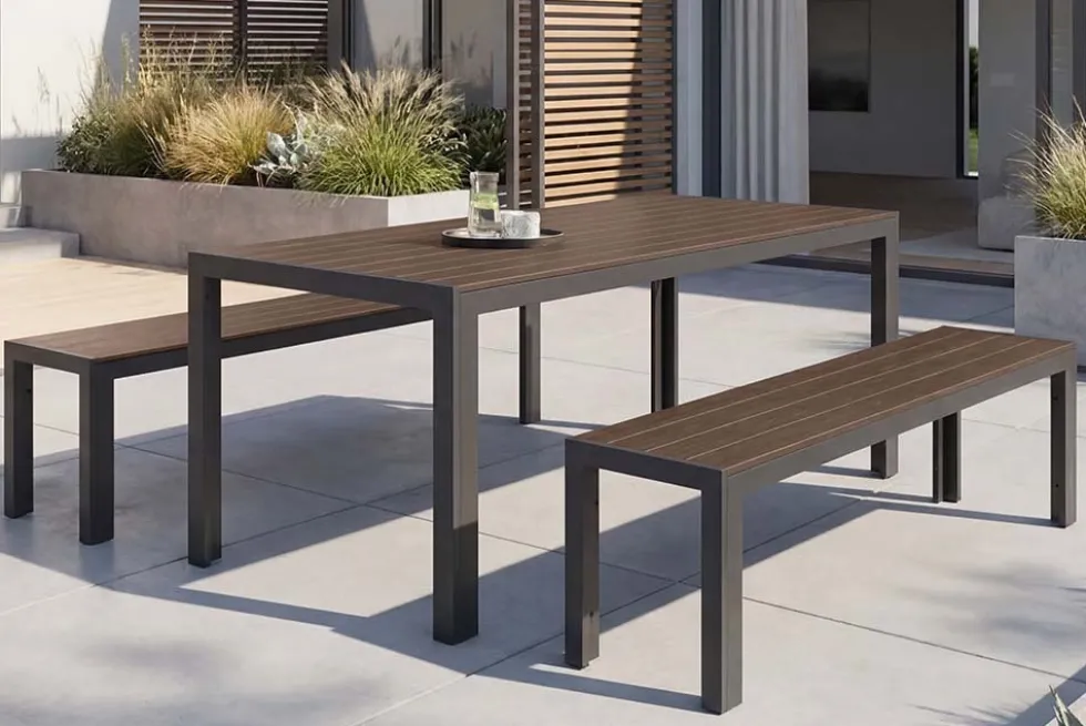 Moderne Gartenbank DESIGNO 180cm dunkelbraun schwarz Aluminium wetterfest Outdoor Sitzbank