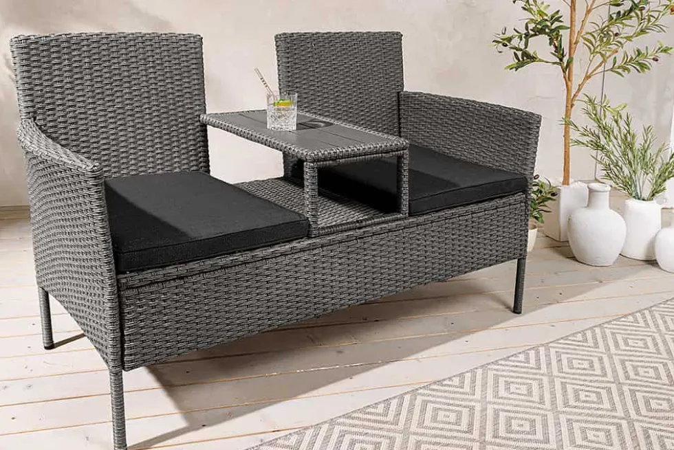 Moderne Gartenbank PORTOFINO 140cm grau Polyrattan Outdoor Sitzbank mit Tisch wetterfest