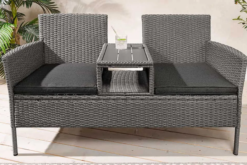 Moderne Gartenbank PORTOFINO 140cm grau Polyrattan Outdoor Sitzbank mit Tisch wetterfest