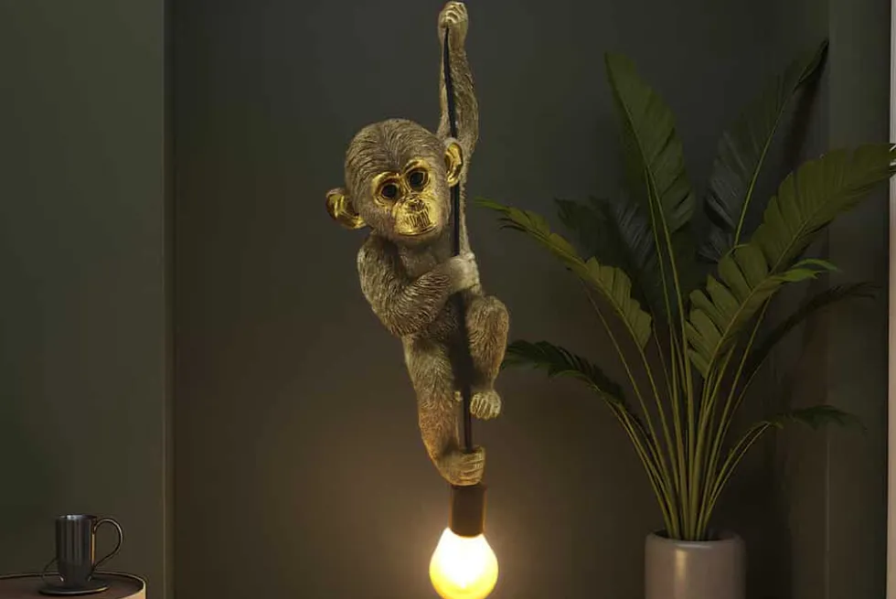 Moderne Hängelampe MONKEY 55cm gold Affen-Skulptur handmade