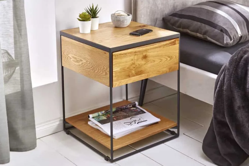 Moderner Beistelltisch SCORPION 50cm Wildeichen-Design Metall Nachttisch mit Schublade