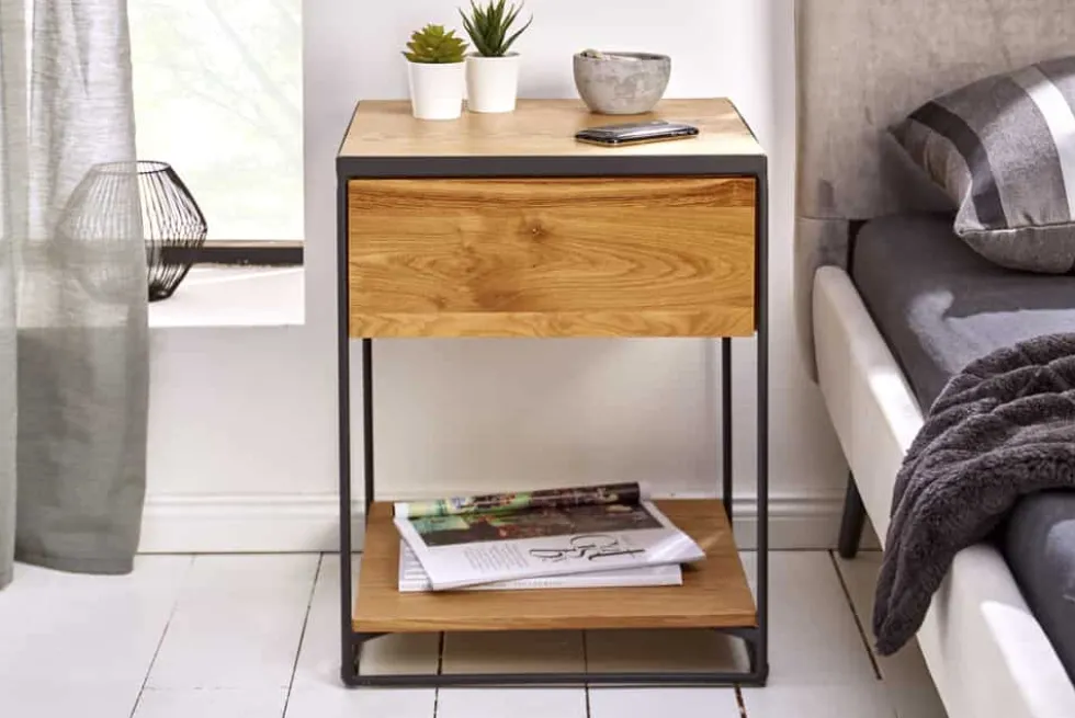 Moderner Beistelltisch SCORPION 50cm Wildeichen-Design Metall Nachttisch mit Schublade