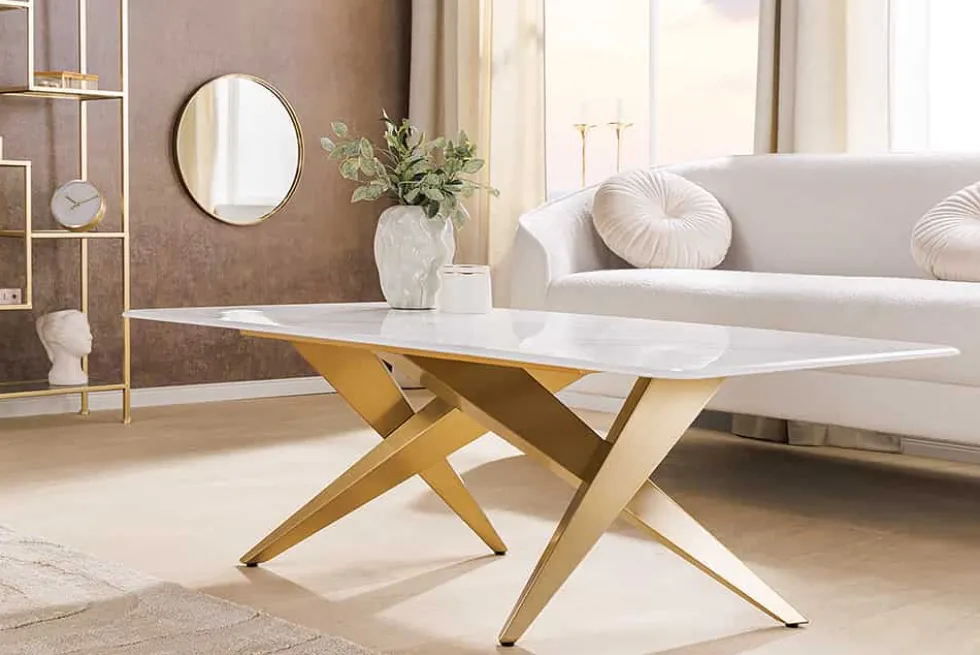 Moderner Couchtisch ART LIVING 130cm weiß Marmor Keramik champagner gold brushed