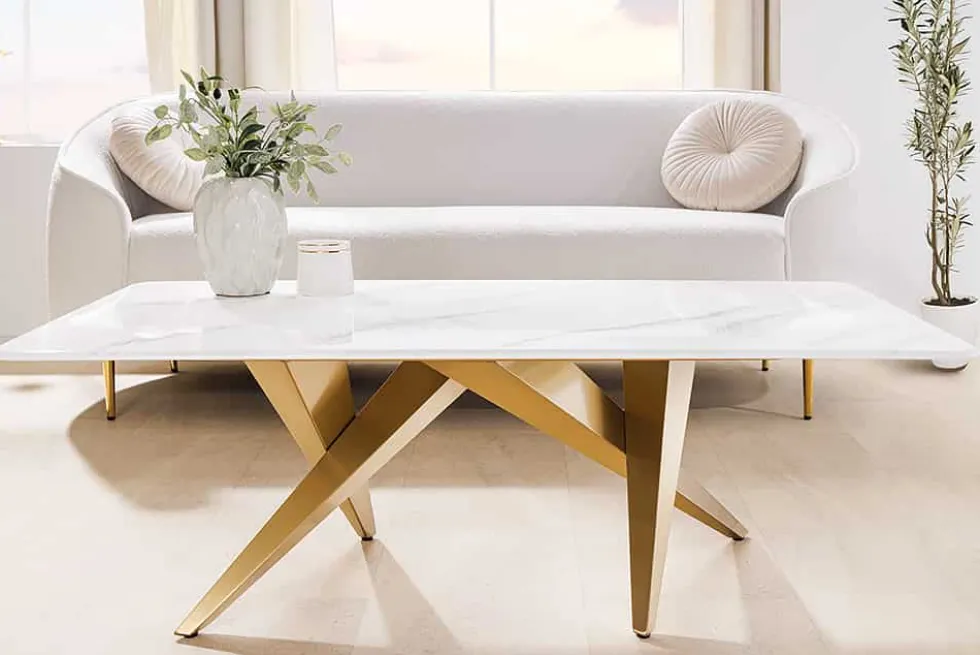 Moderner Couchtisch ART LIVING 130cm weiß Marmor Keramik champagner gold brushed