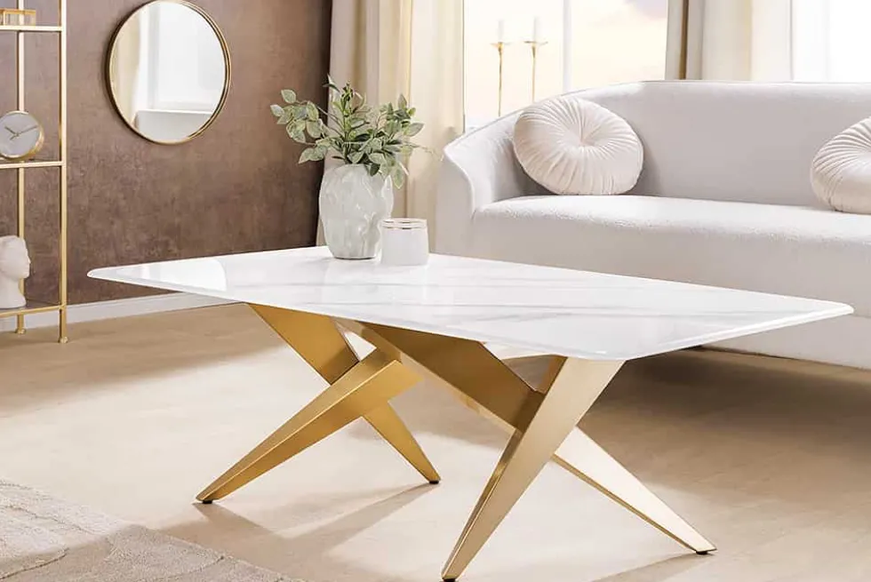 Moderner Couchtisch ART LIVING 130cm weiß Marmor Keramik champagner gold brushed