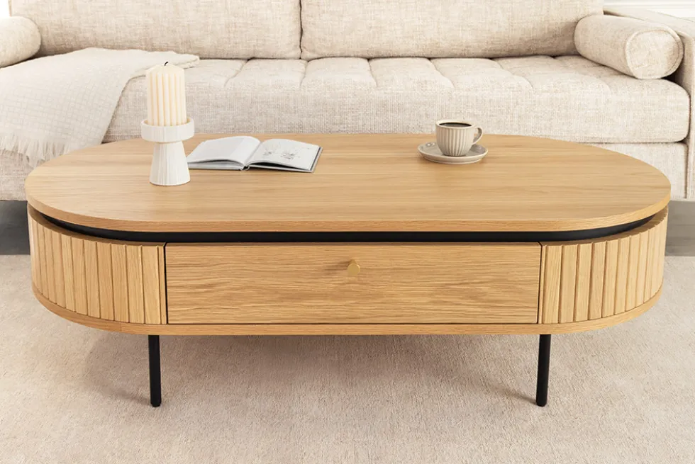 Moderner Couchtisch ATELIER 120cm natur Eiche schwarz mit zwei Schubladen