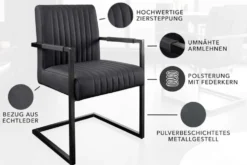 Moderner Freischwinger Stuhl BIG ASTON Echtleder schwarz Taschenfederkern Metall