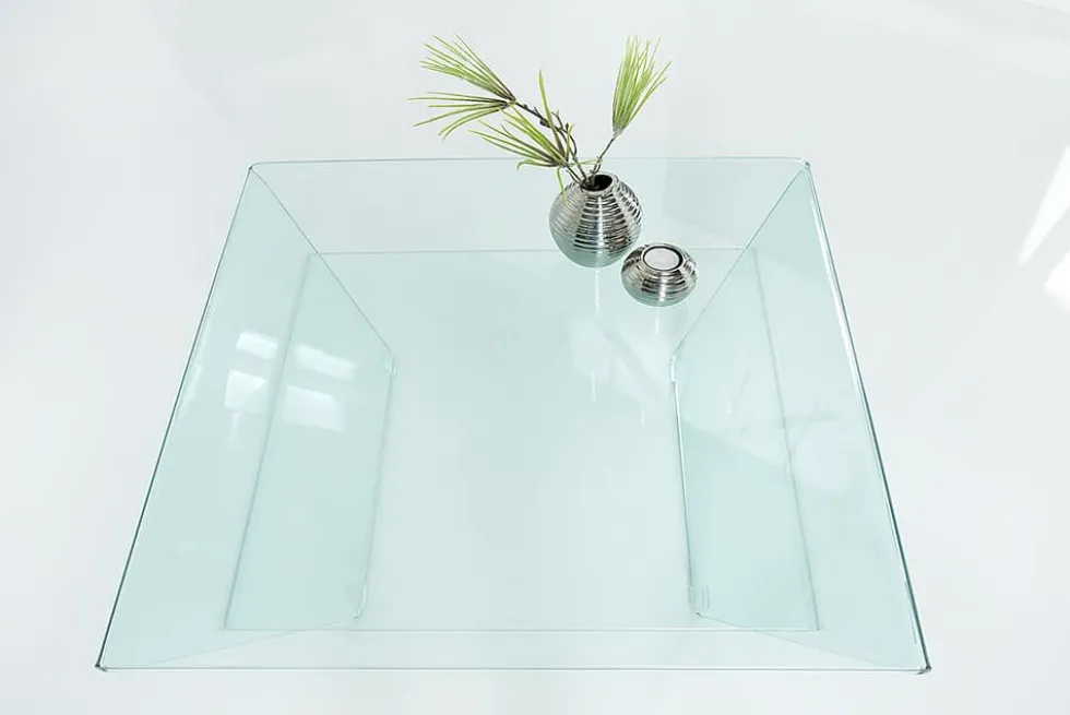 Moderner Glas Couchtisch FANTOME 70cm Trapez mit Ablage transparent