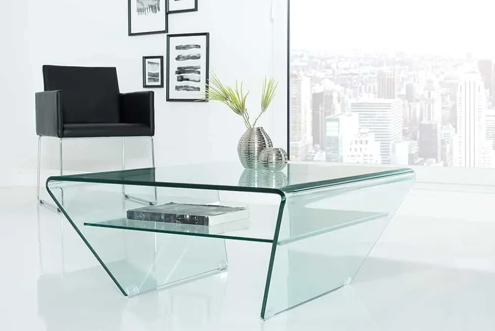 Moderner Glas Couchtisch FANTOME 70cm Trapez mit Ablage transparent