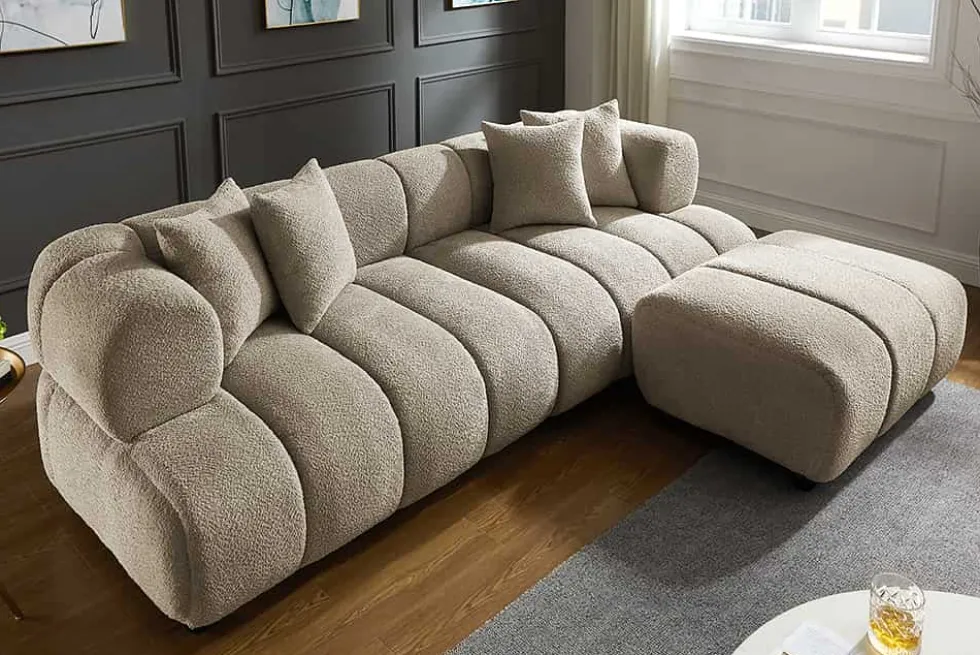 Moderner Hocker ADLON 100cm champagner greige Bouclé Federkern Fußhocker Sitzhocker