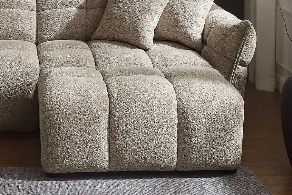 Moderner Hocker CLOUD 100cm champagner greige Bouclé Federkern Fußhocker Sitzhocker