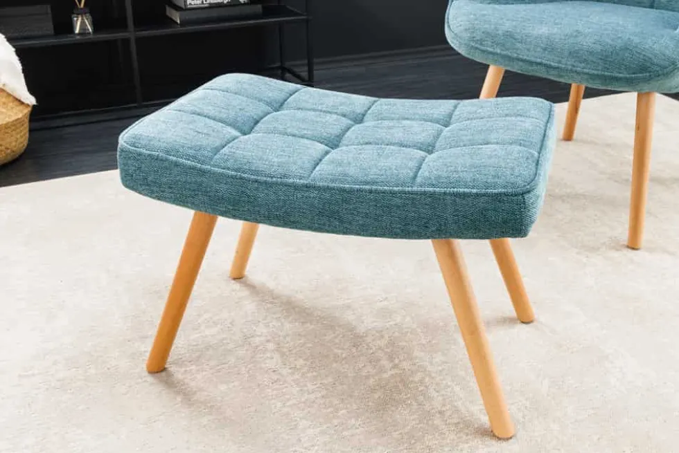 Moderner Hocker SCANDINAVIA blau Strukturstoff Massivholz-Beine Fußhocker