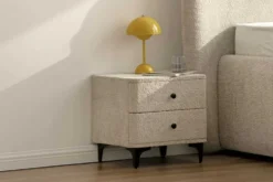 Moderner Nachttisch ART DECO 45cm greige Bouclé mit Schubladen schwarz Metall