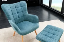 Moderner Sessel SCANDINAVIA blau Strukturstoff Massivholz-Beine mit Armlehnen