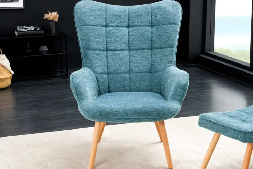 Moderner Sessel SCANDINAVIA blau Strukturstoff Massivholz-Beine mit Armlehnen