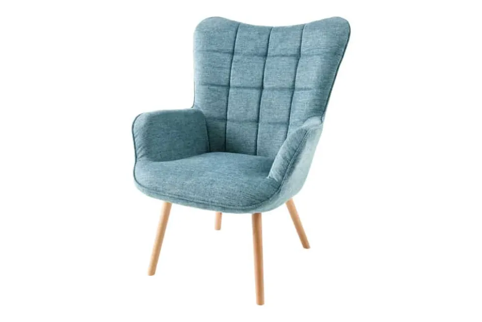 Moderner Sessel SCANDINAVIA blau Strukturstoff Massivholz-Beine mit Armlehnen