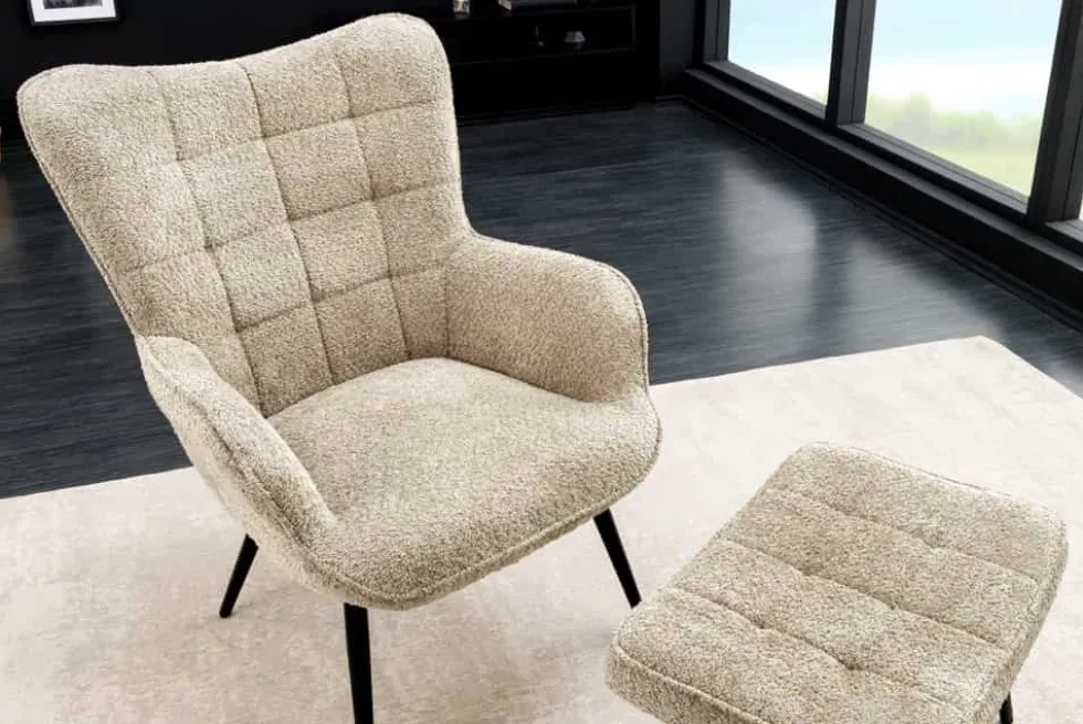 Moderner Sessel SCANDINAVIA champagner greige Bouclé mit Armlehnen