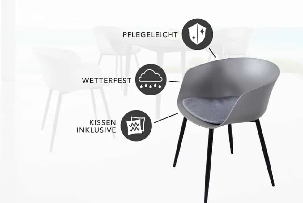 Moderner Stuhl DESIGNO grau Kunststoff Gartenstuhl mit Armlehnen Indoor Outdoor
