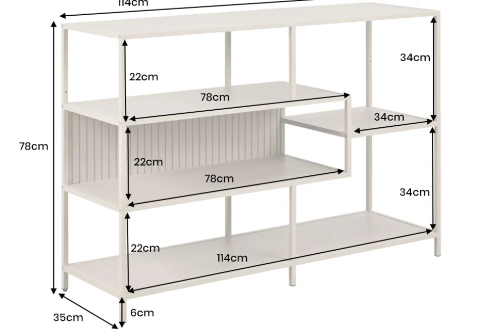 Modernes Bücherregal SLIM LINE 115cm champagner beige Metallgestell fünf Regalböden