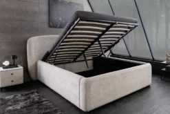Modernes Boxbett ART DECO 160x200cm greige Bouclé mit Stauraum und Lattenrost