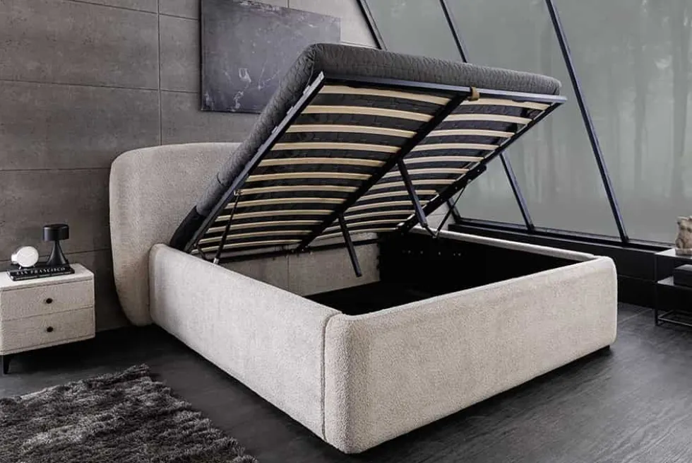 Modernes Boxbett ART DECO 180x200cm greige Bouclé mit Stauraum und Lattenrost