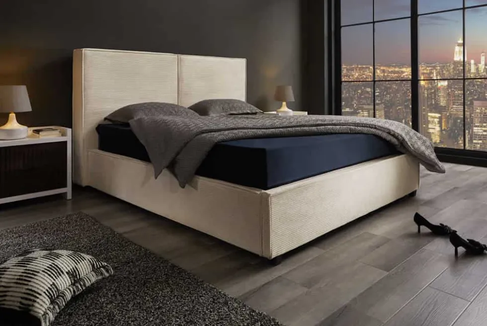Modernes Boxbett ROCCO 180x200cm beige Cord mit Stauraum und Lattenrost
