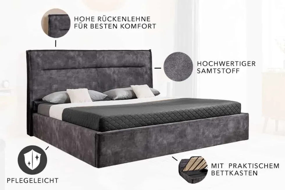 Modernes Boxbett STORAGE 180x200cm grau Samt mit Stauraum und Lattenrost