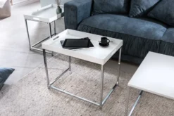 Modernes Couchtisch 3er Set ELEMENTS 75cm weiß Chrom abnehmbares Tablett