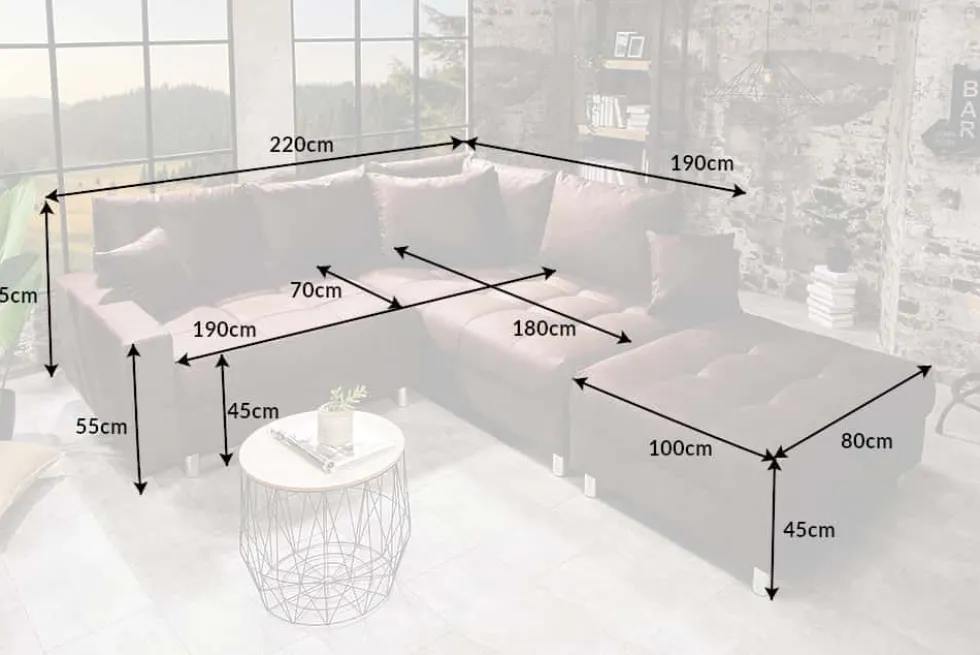 Modernes Ecksofa KENT 220cm braun Federkern Wohnlandschaft inkl. Hocker und Kissen